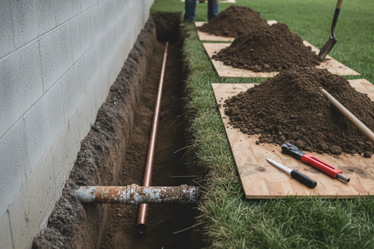 Excavated water line trench during Sewer Line Repair in Solvang
